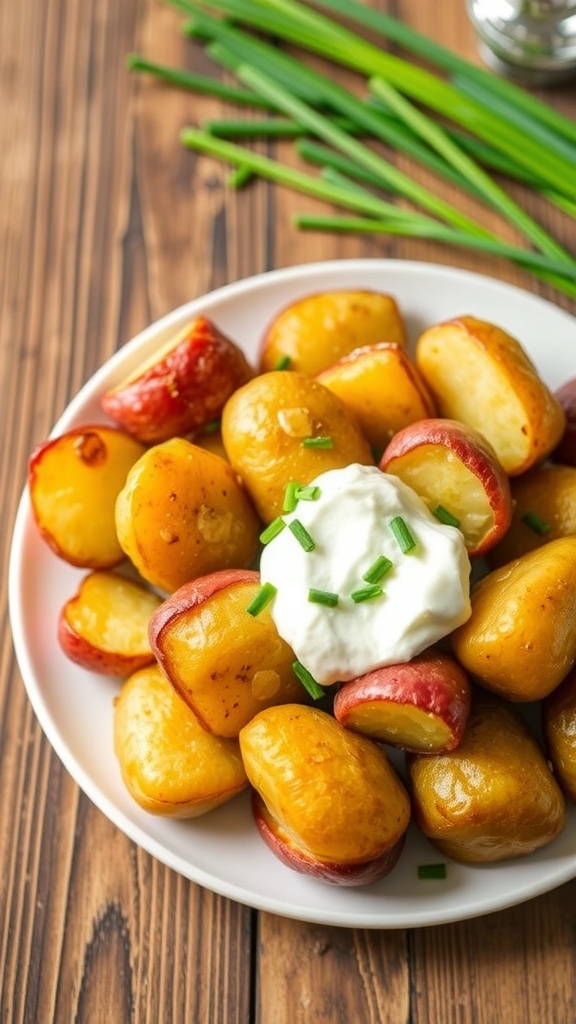 Air fryer foil-wrapped potatoes served with sour cream and chives on a rustic wooden table.